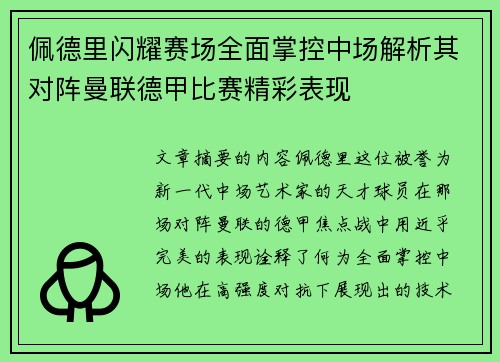 佩德里闪耀赛场全面掌控中场解析其对阵曼联德甲比赛精彩表现