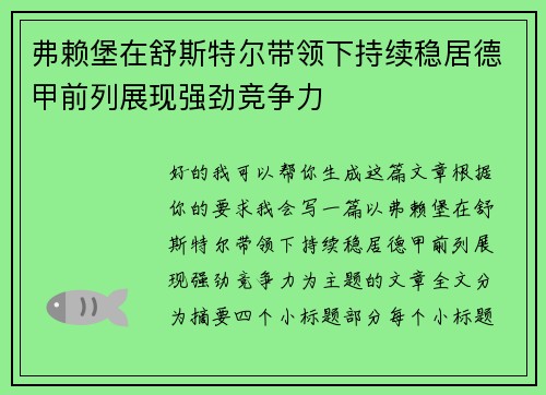 弗赖堡在舒斯特尔带领下持续稳居德甲前列展现强劲竞争力
